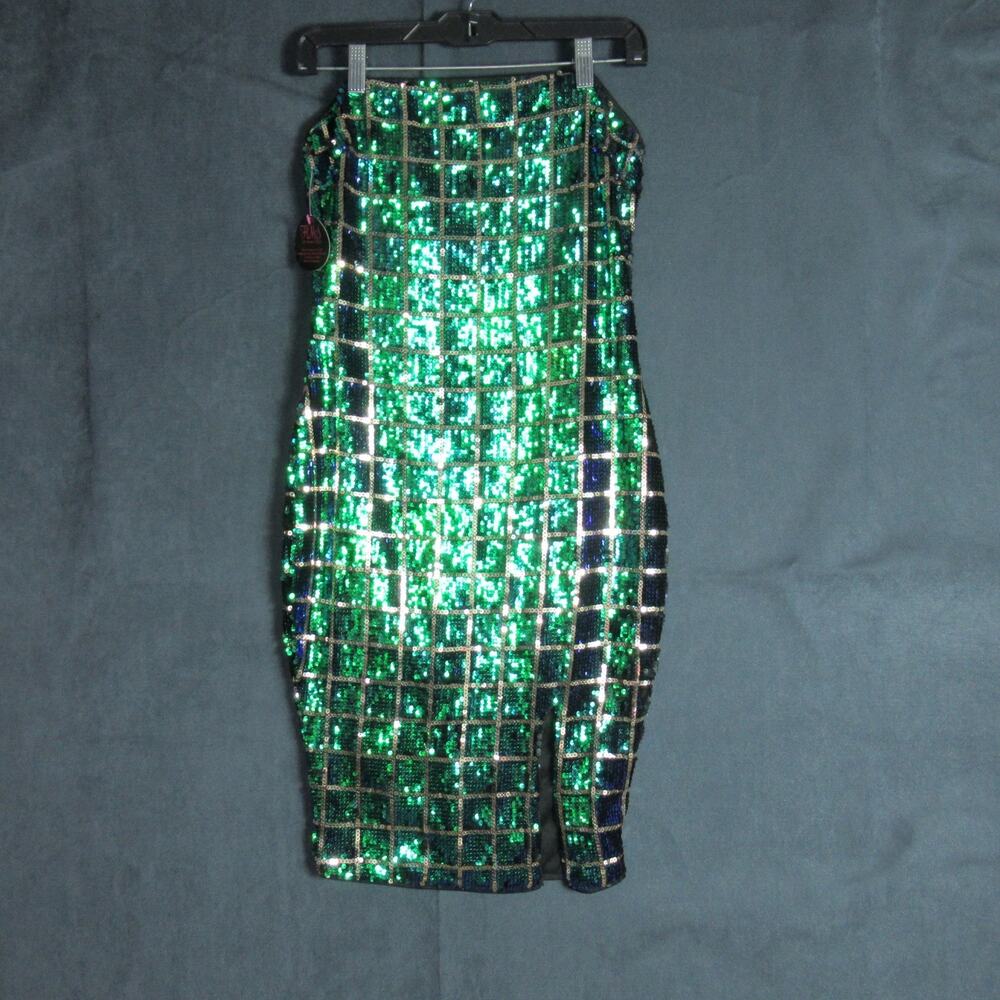 Privy Dress Womens Medium Green Blue Sequin Bodycon Midi Cocktail Party NWT